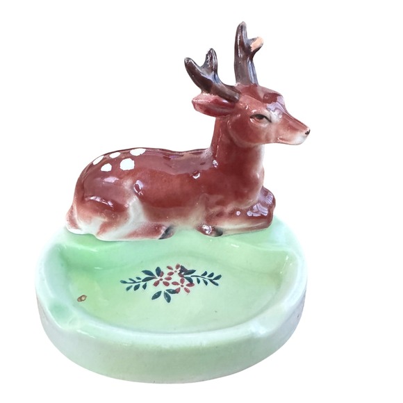 Vintage Mid Century Ceramic Deer Ashtray Trinket Dish Figurine Decor Brown - Picture 1 of 10